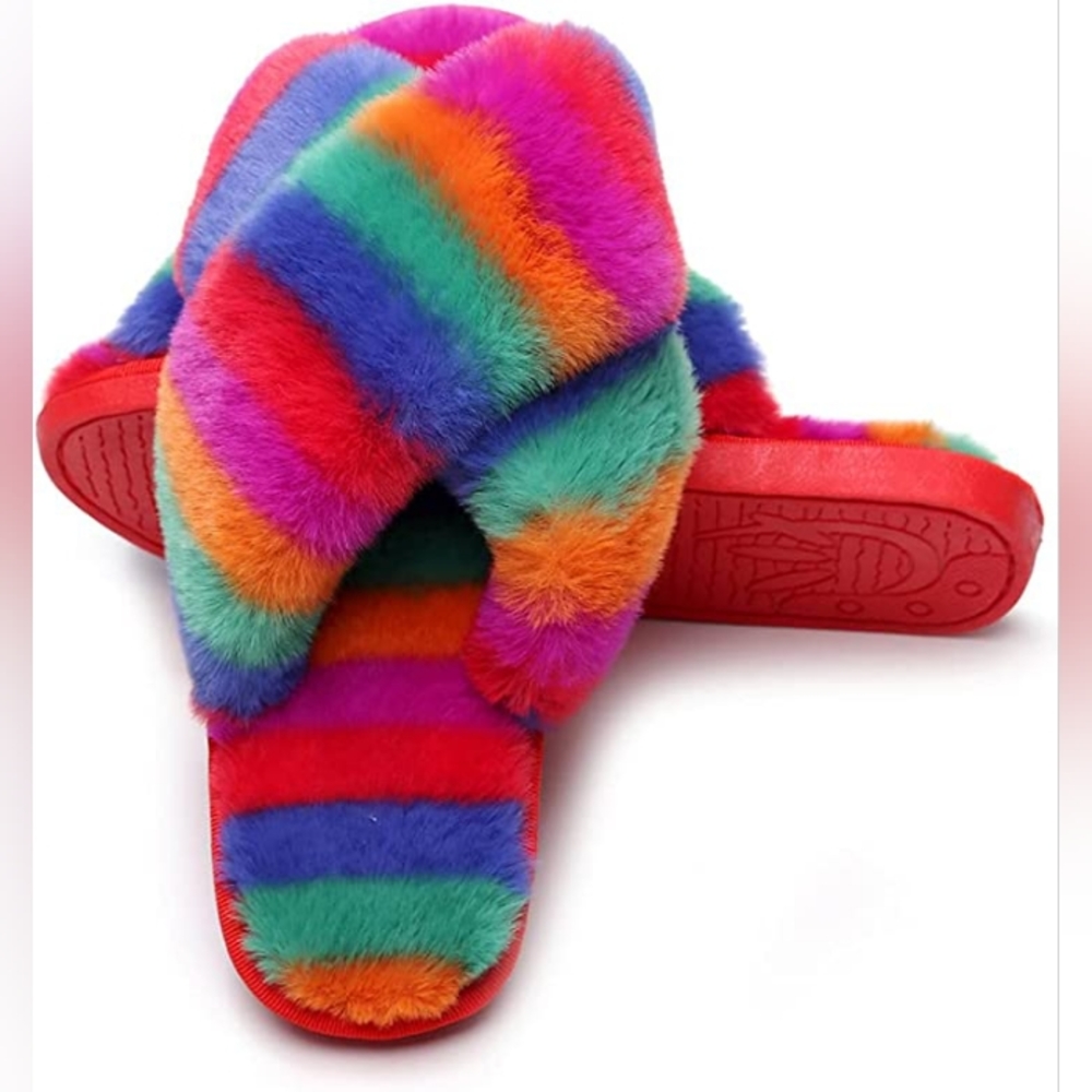 Rainbow slides that can be worn outside or as slipper house shoes